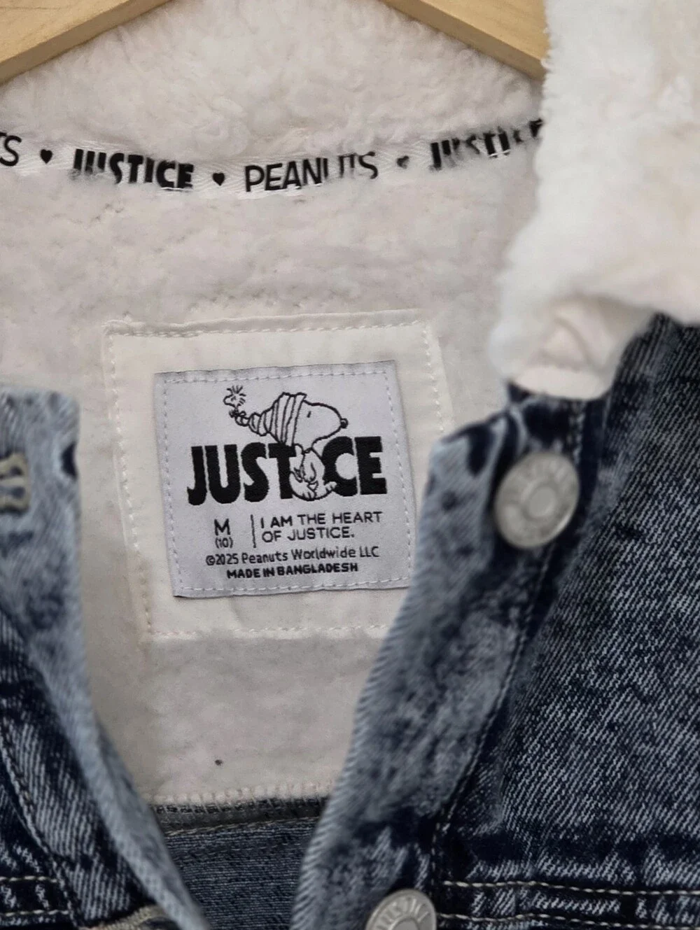 Justice x Snoopy Girls Acid Wash Patchwork and Sherpa Denim Jacket NWOT